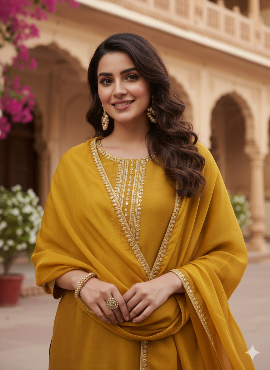 Mustard Embroidered Chinon Kurta with Dupatta Set
