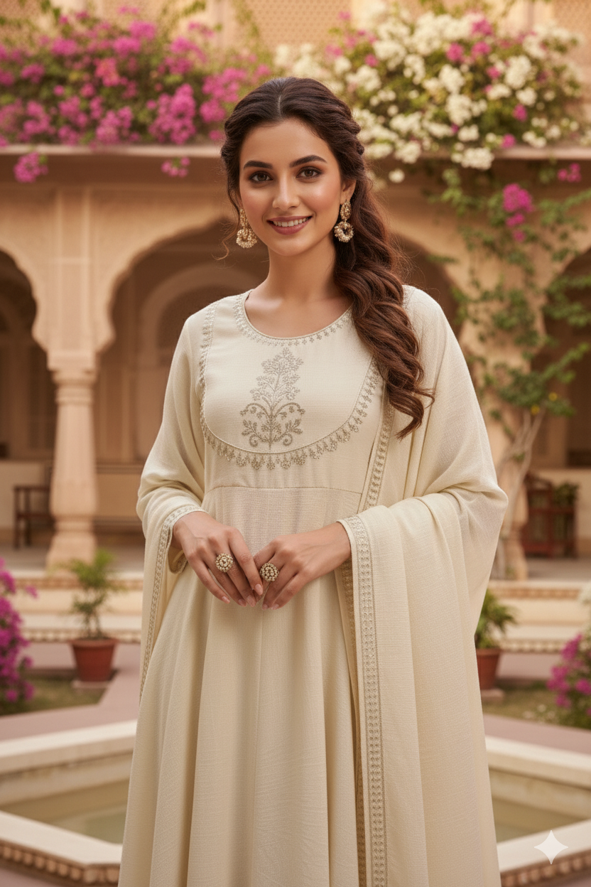 Cream Embroidered Silk Blend Anarkali Kurta With Dupatta Set