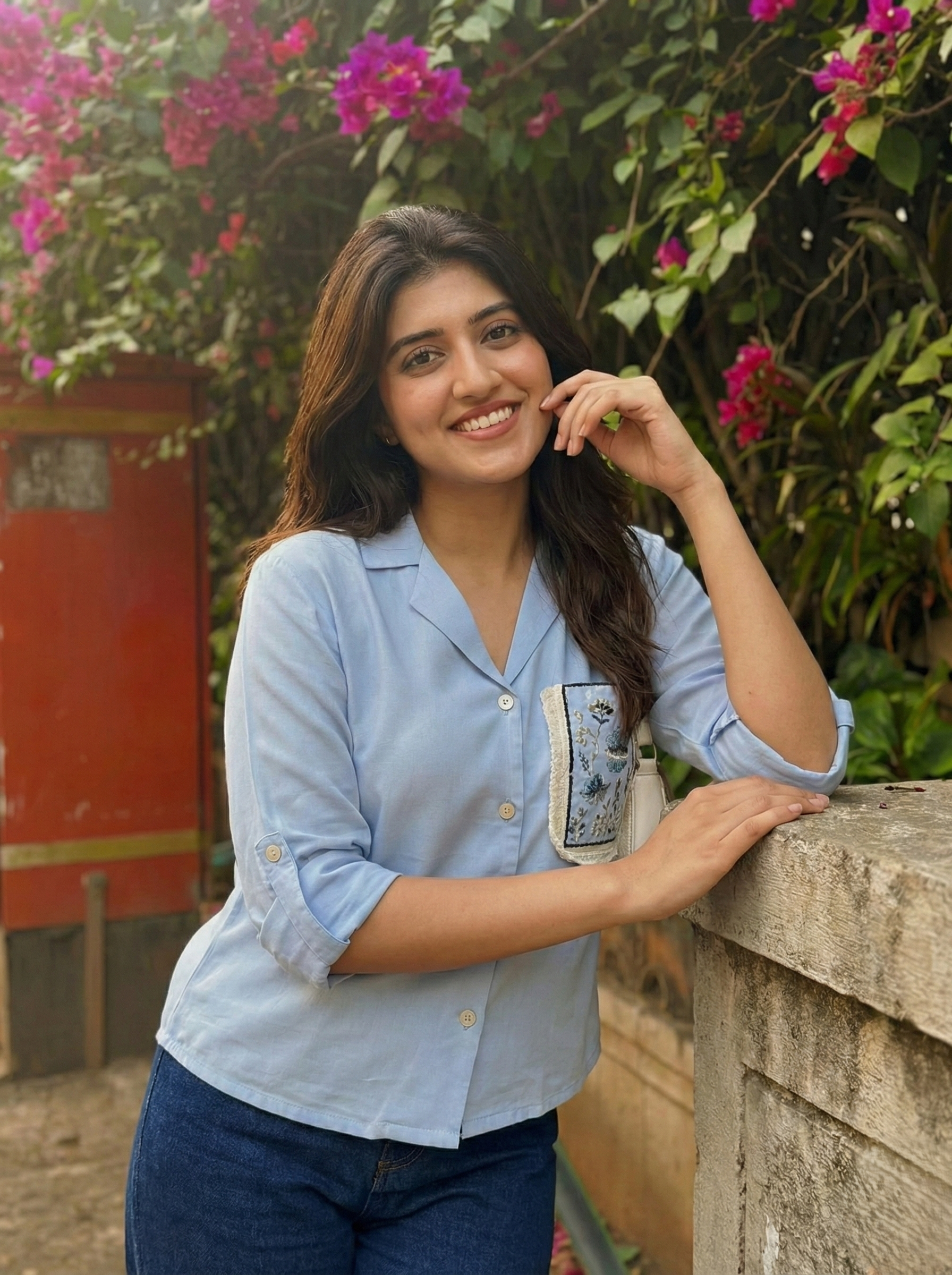 Sky Blue Viscose Blend Embroidered Shirt for Women | women embroidered shirt | frontside view