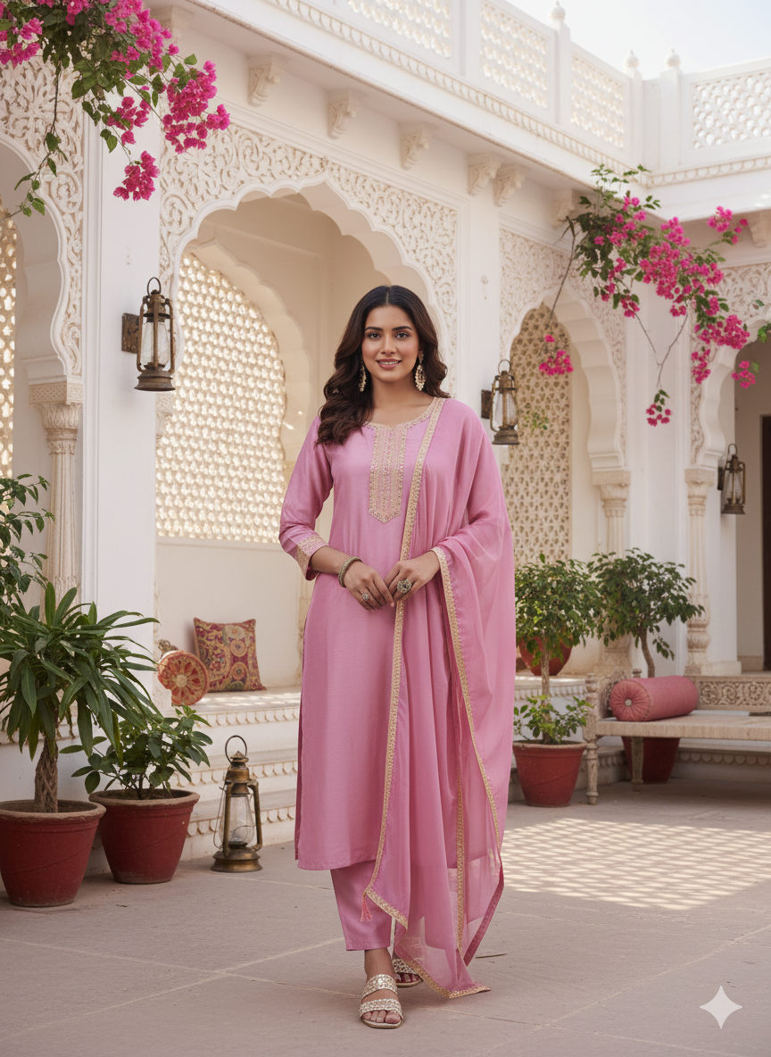 Pink Embroidered Chinon Kurta with Dupatta Set