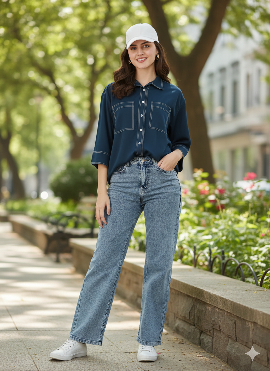 Navy Blue Crepe Plain Regular shirt for woman