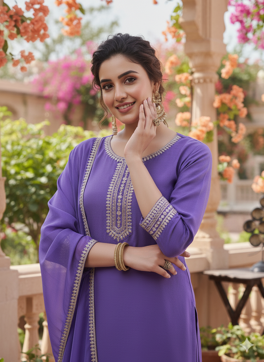 Lavender Embroidered Chinon Kurta with Dupatta Set