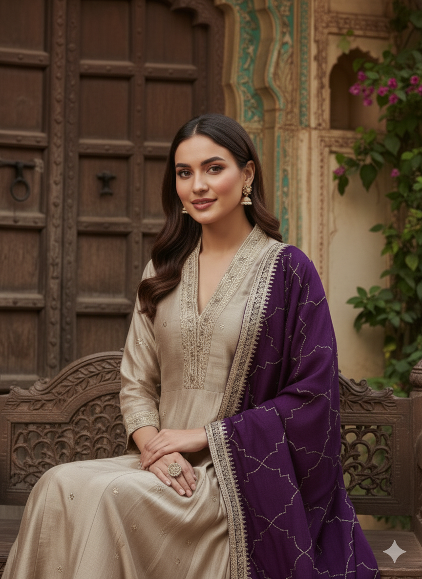 Grey Embroidered Silk Anarkali Kurta With Purple Dupatta Set