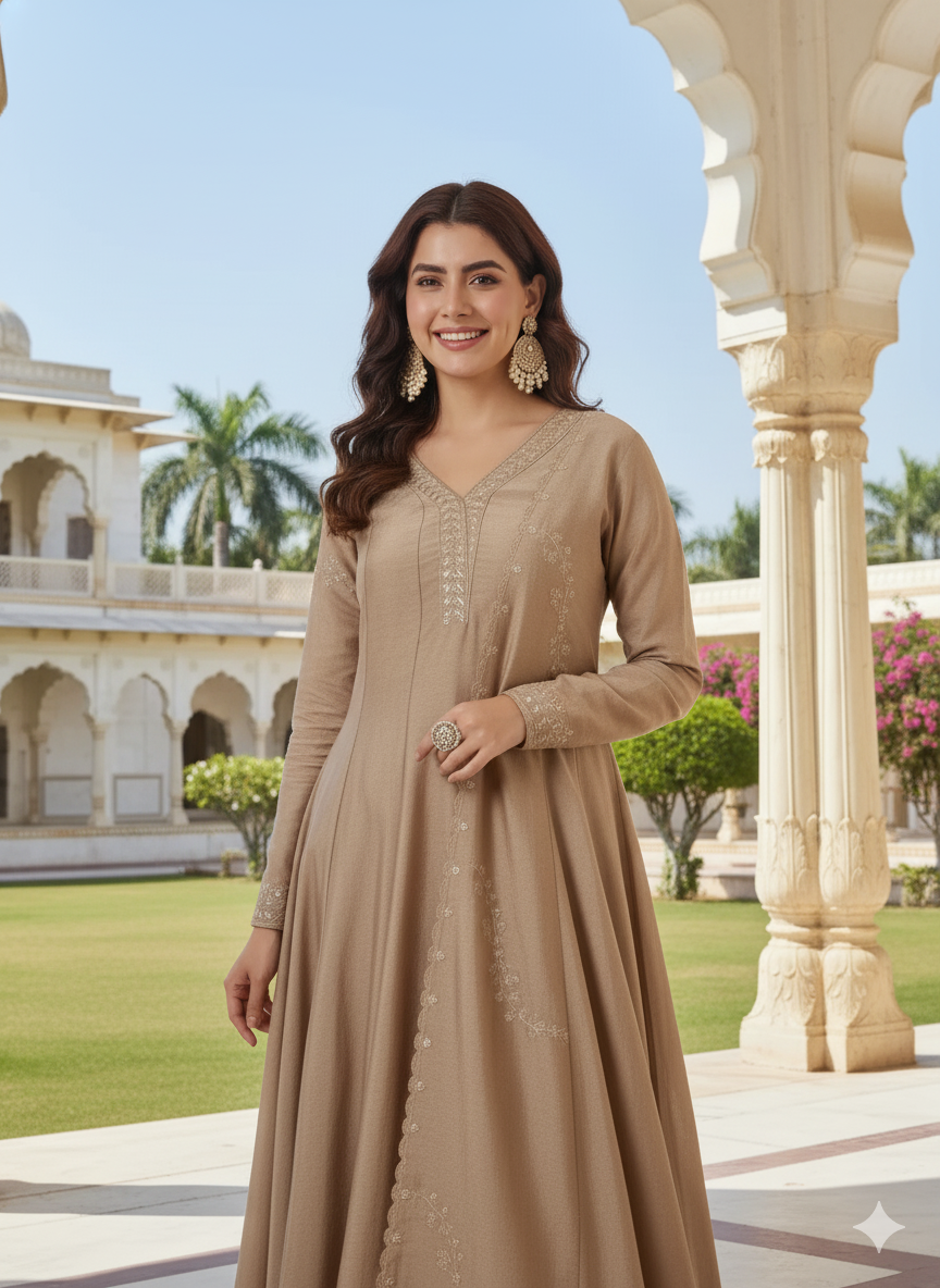 Beige Silk Embroidered Anarkali Kurta with Dupatta Set