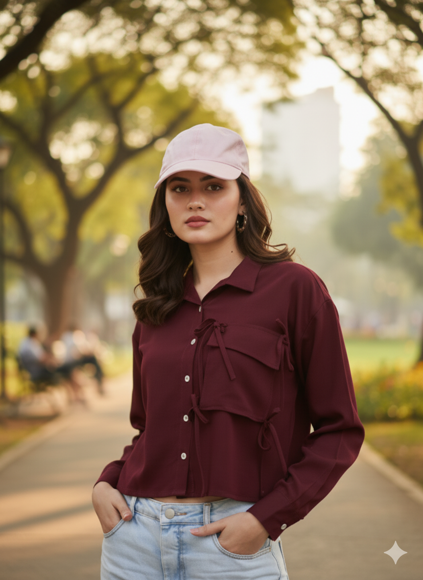 Maroon Glow Full Sleeve Crepe Shirt for Women