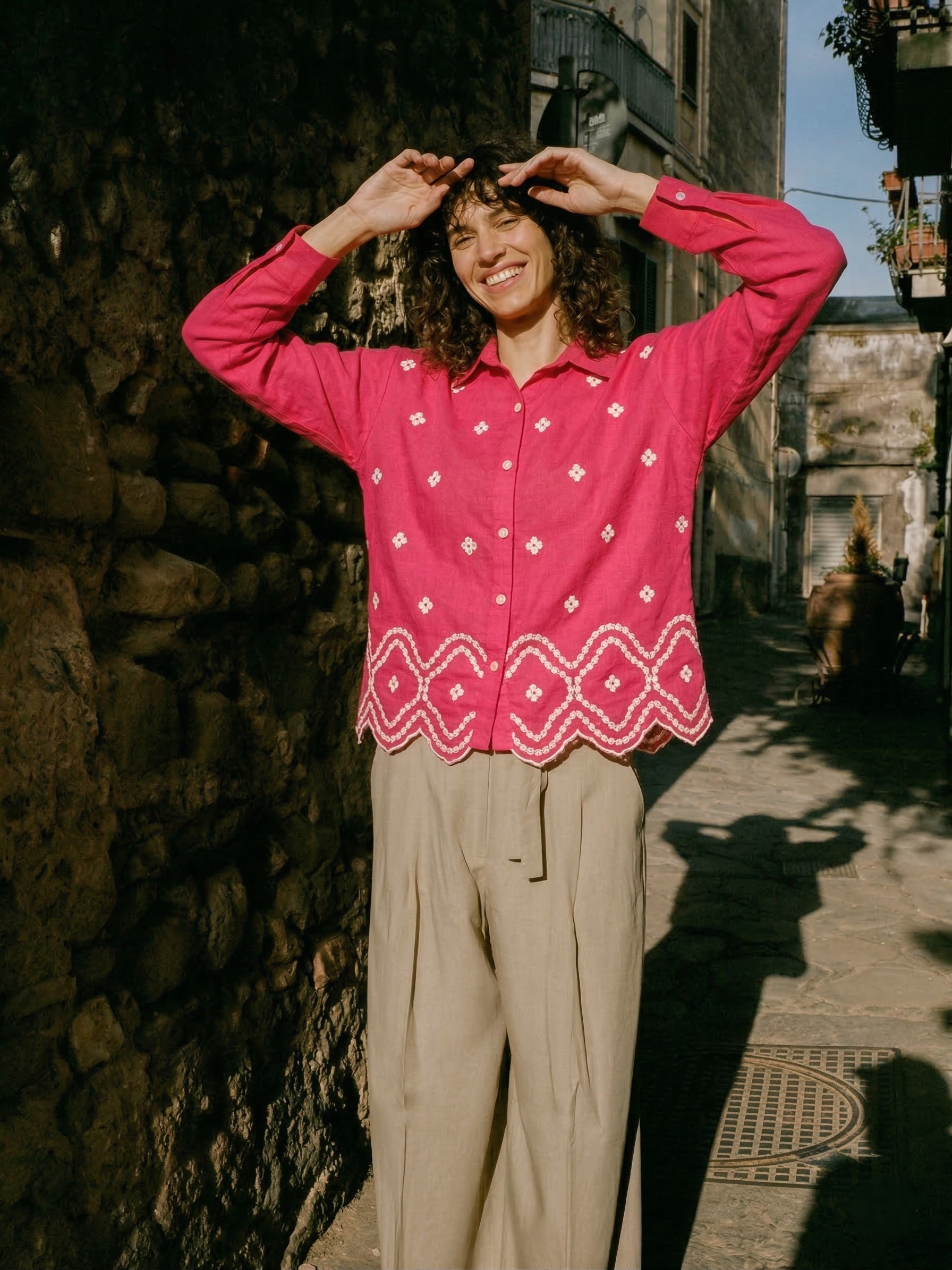 Pink Embroidered Cotton Shirt for Women