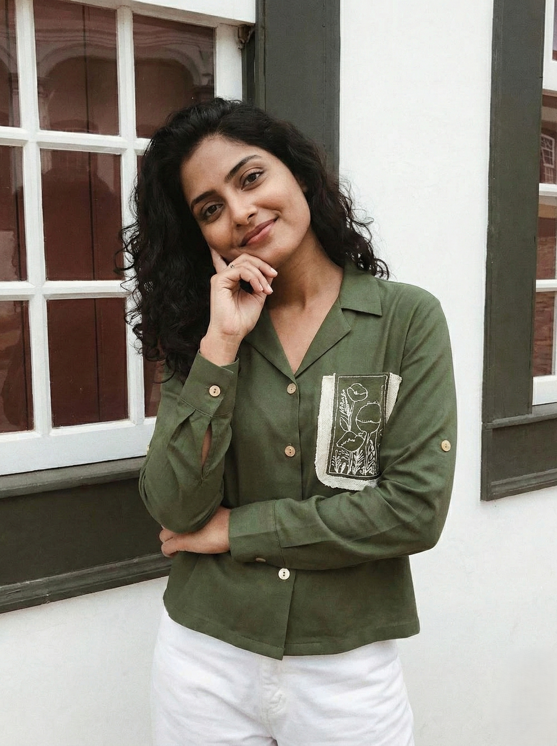 Olive Viscose Blend Embroidered Shirt for Women | Embroidered Shirt for Women | frontside view