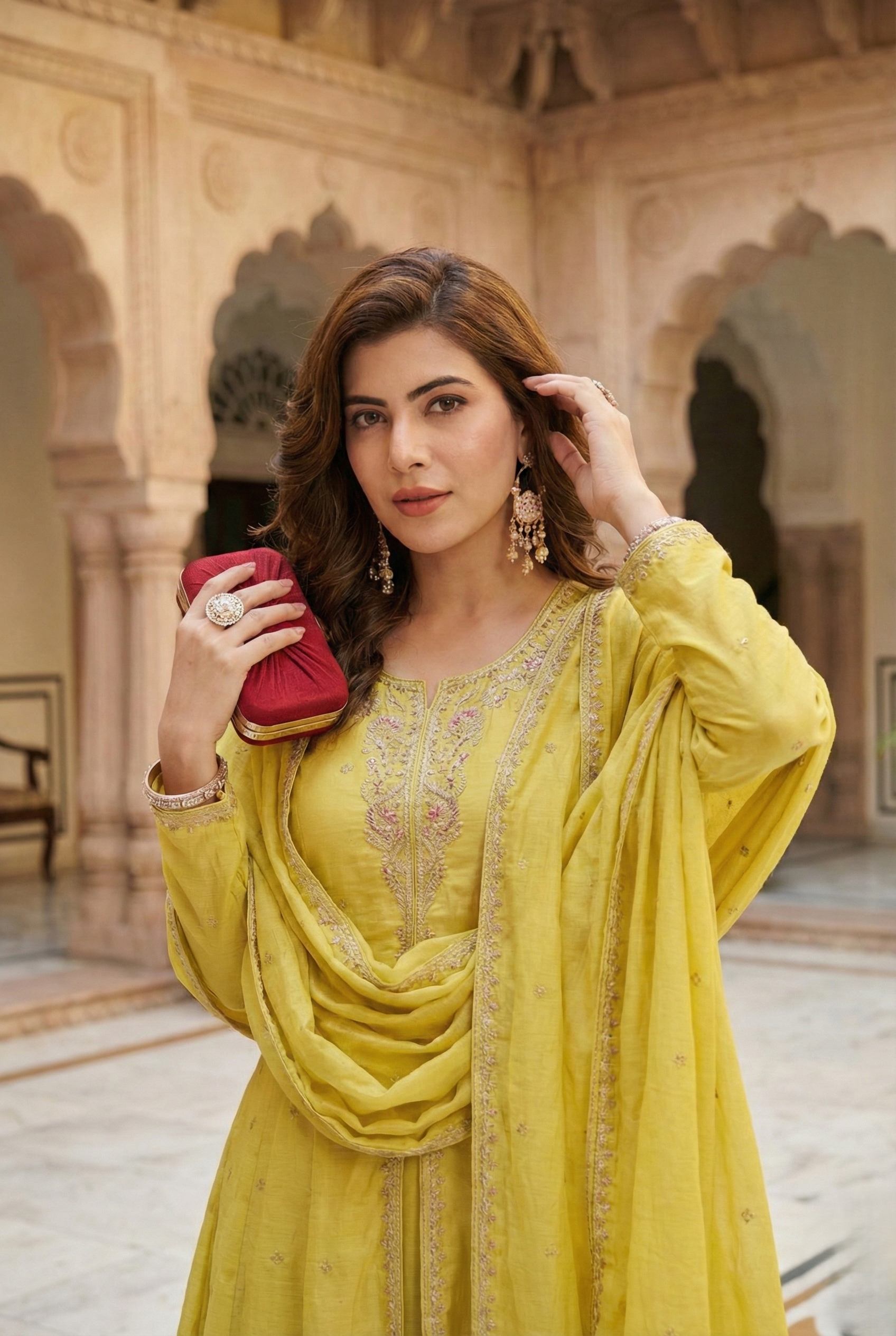 Lemon Yellow Embroidered Silk Anarkali Kurta With Dupatta Set | halfside image