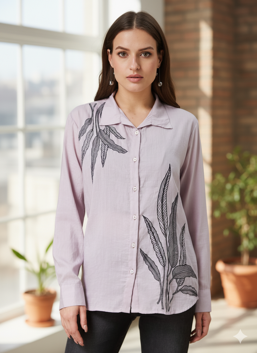 Pink floral print trendy Plain Regular women full sleeve shirt