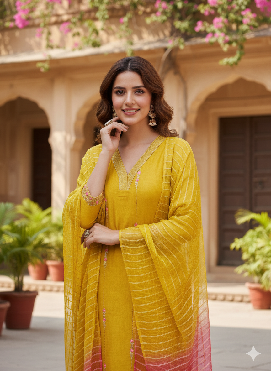 Musturd Embroidered Silk Kurta with Dupatta Set