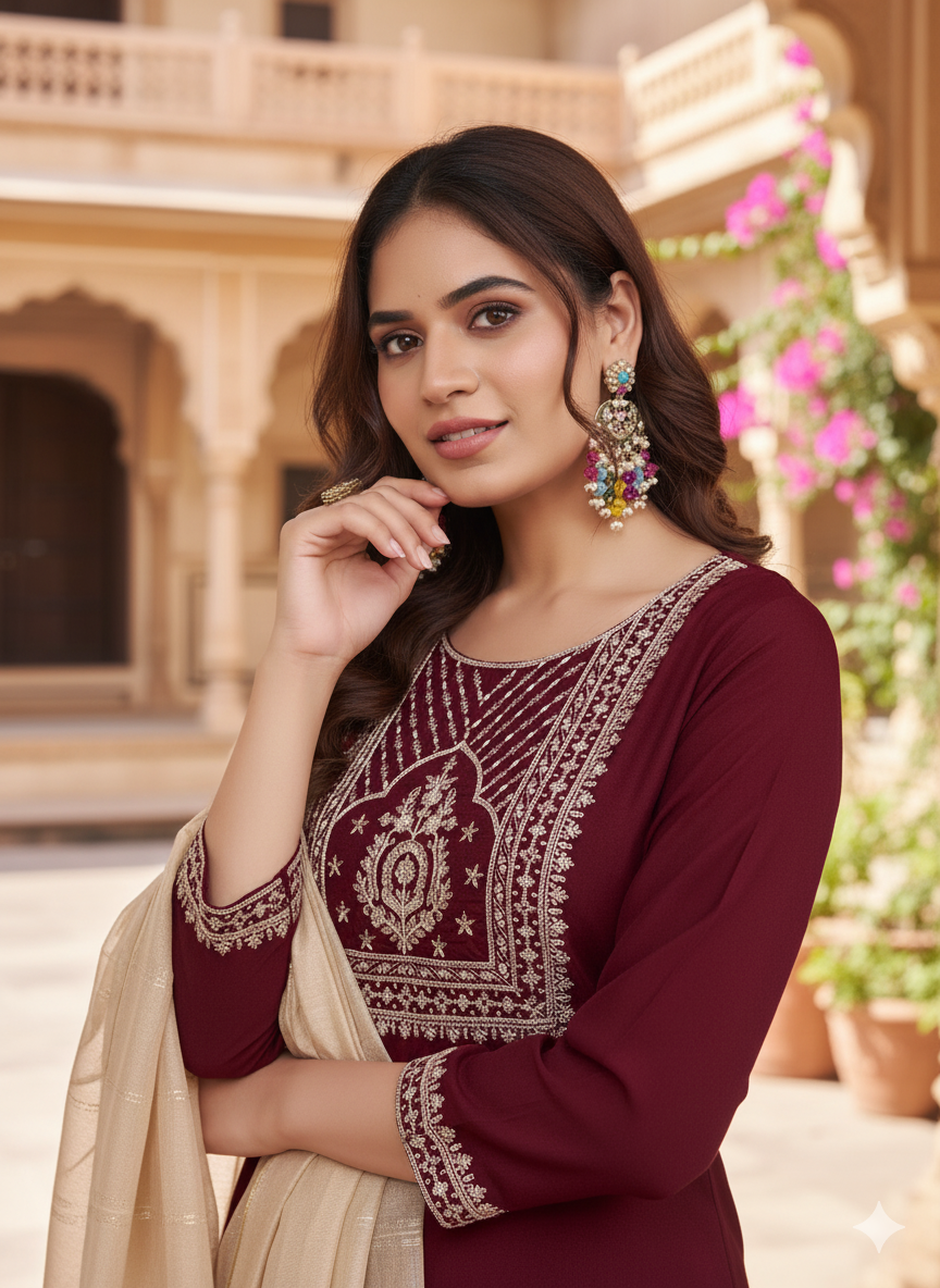 Maroon Embroidered Chinon Kurta with Dupatta Set