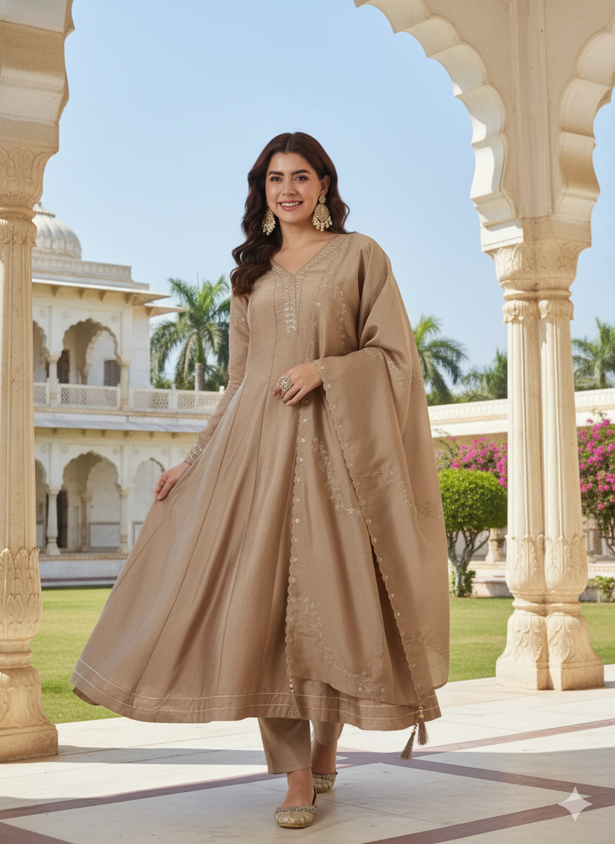 Beige Silk Embroidered Anarkali Kurta with Dupatta Set