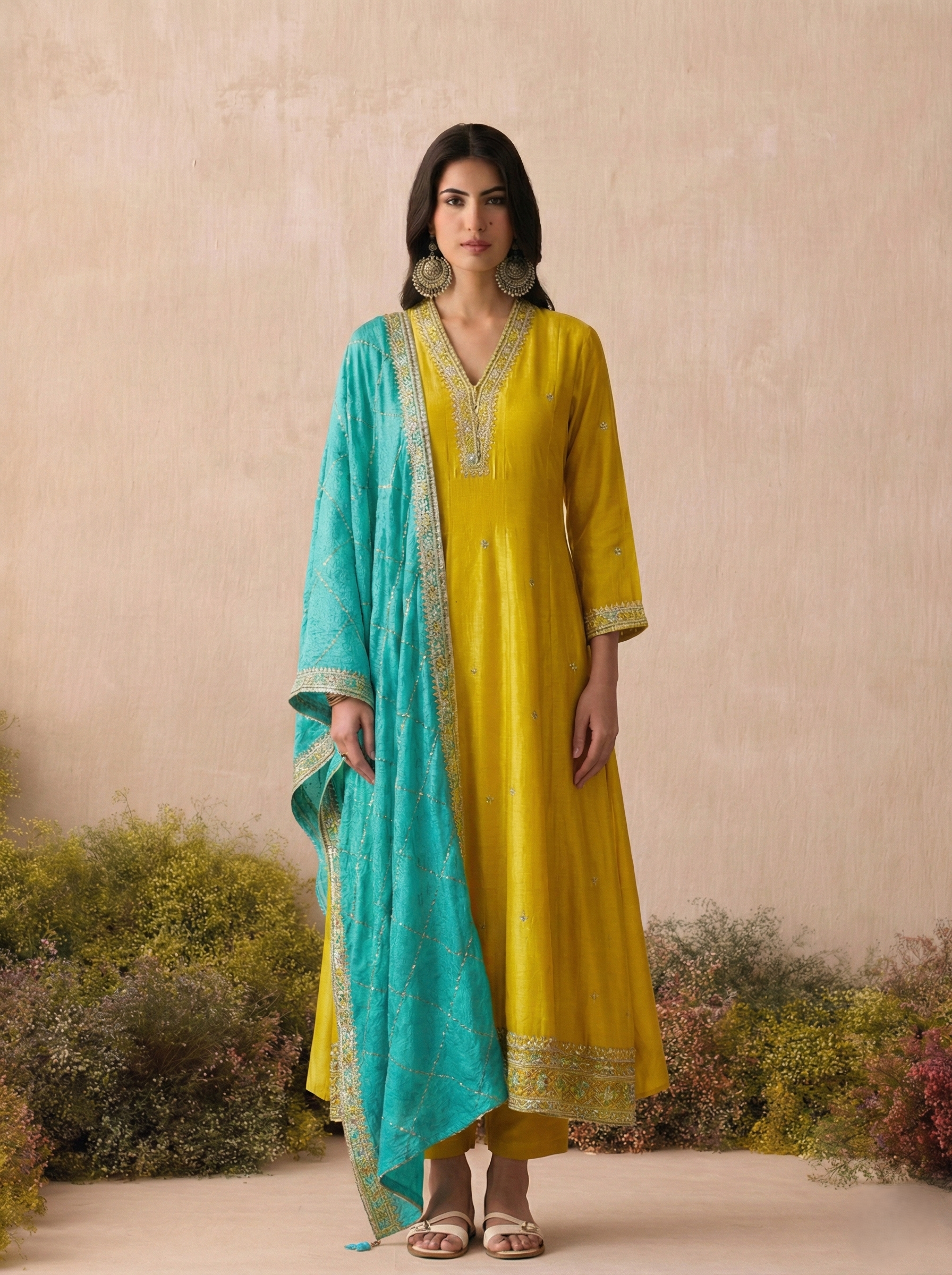 Lemon Yellow Embroidered Silk Anarkali Kurta With Dupatta Set