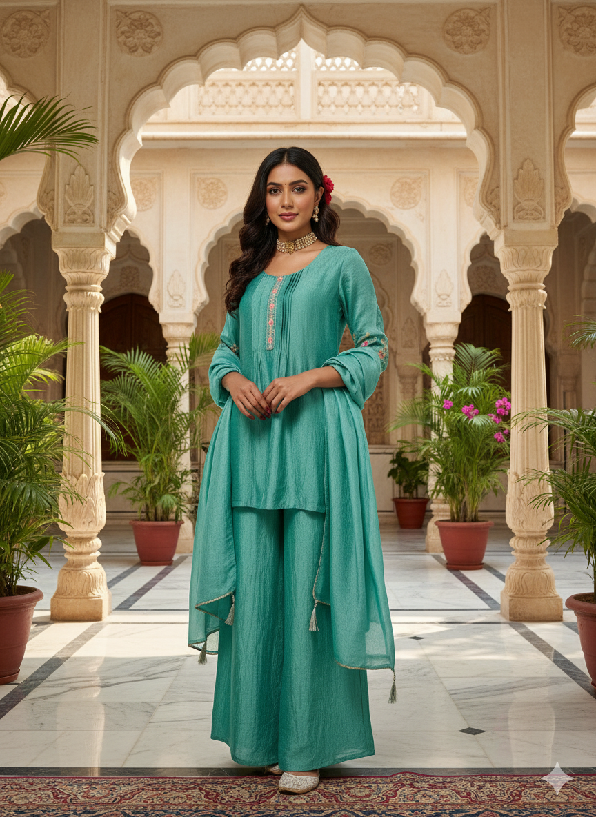 C Green Embroidered Peplum Top with Sharara Set