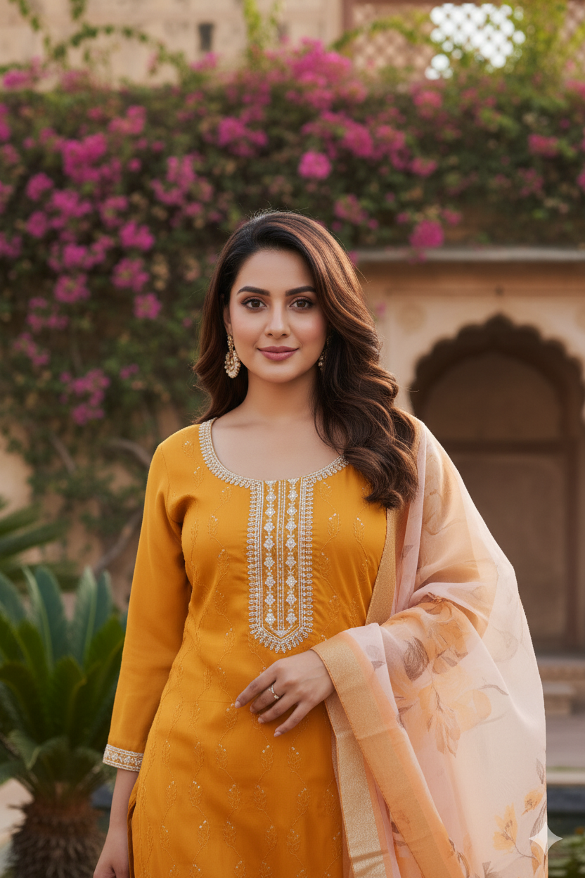 Mustard Yoke Design Chinon Straight Suit With Printed Dupatta