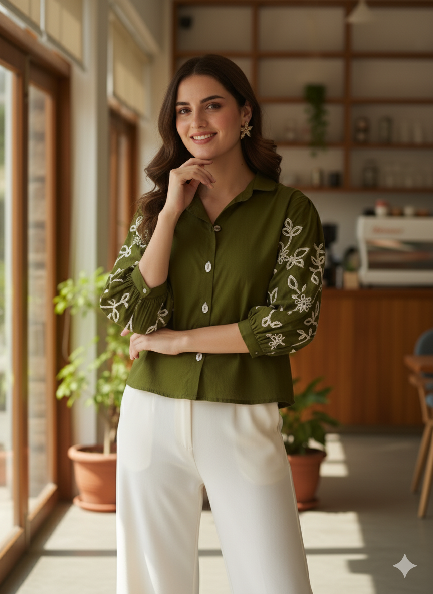 Army Green Cotton Embroidered Shirt for Women