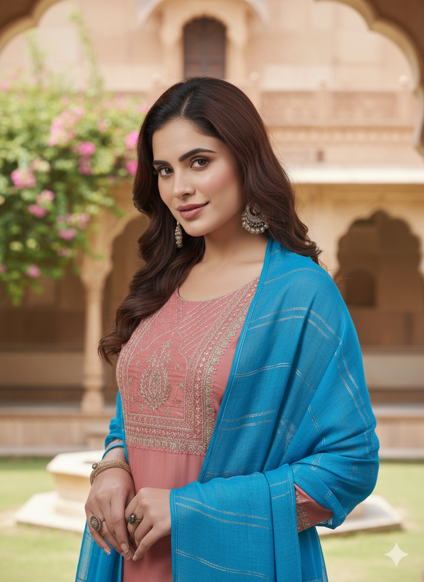 Peach Embroidered Chinon Kurta with Dupatta Set