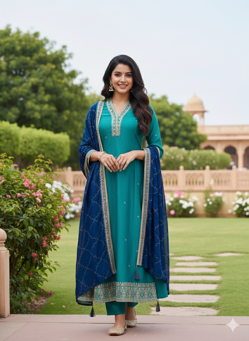 Firozi Embroidered Silk Anarkali Kurta With Dupatta Set
