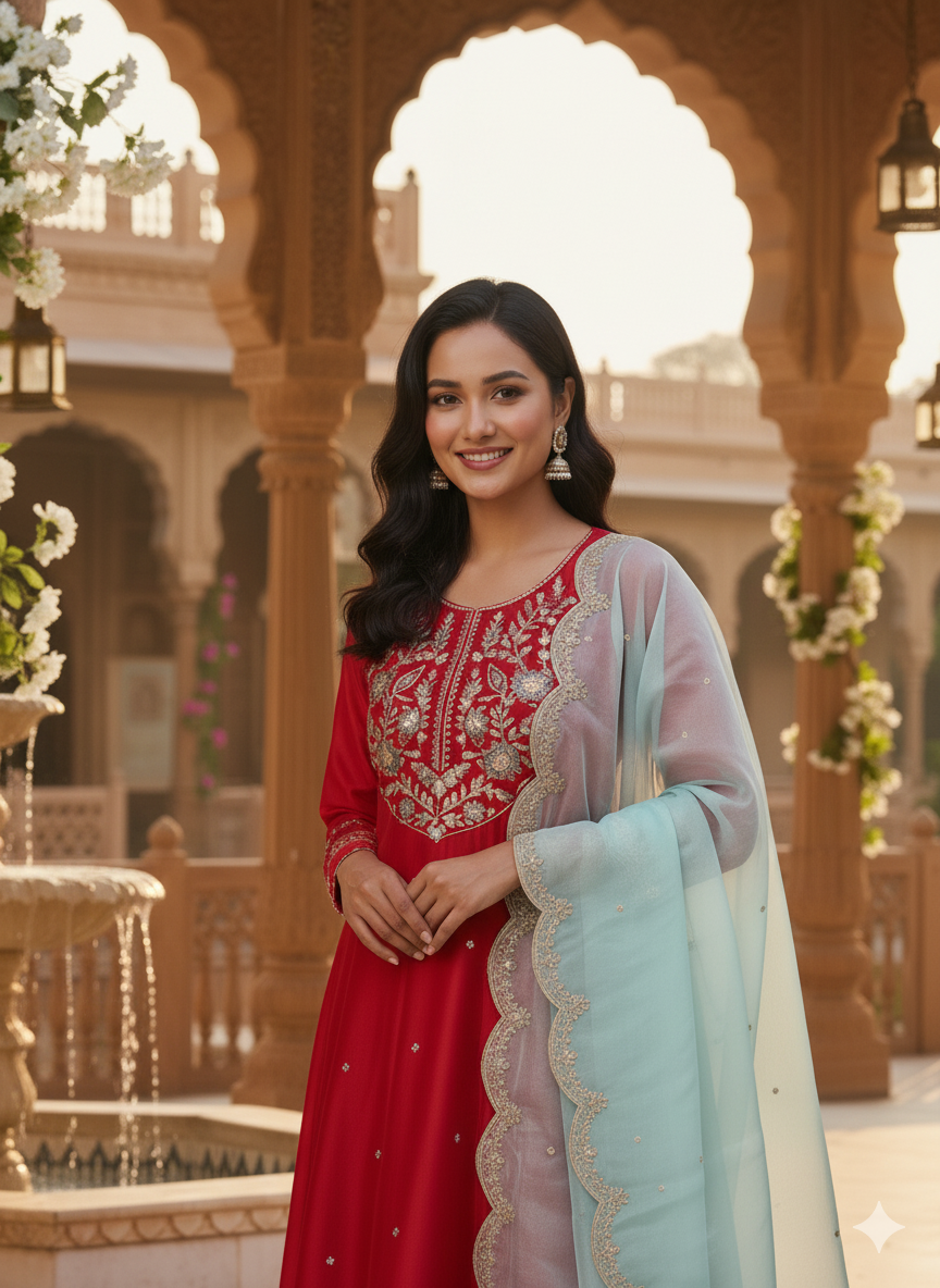 Red Embroidered Anarkali Kurta With Dupatta Set