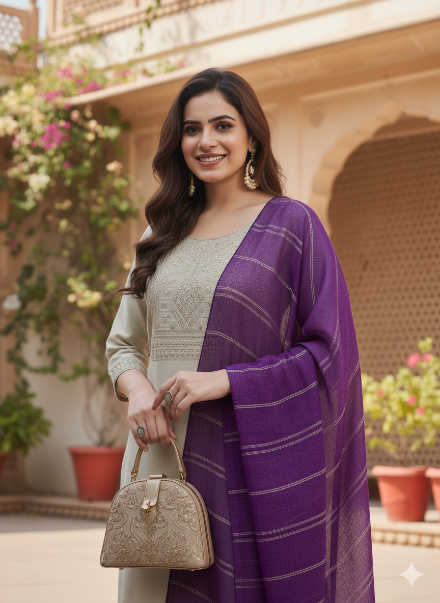 Beige Embroidered Chinon Kurta with Dupatta Set
