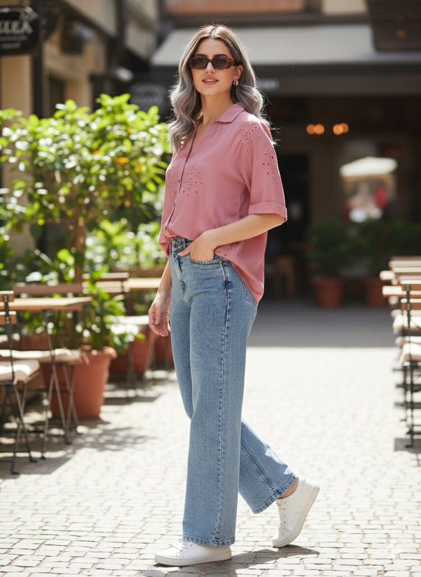 Pink Casual Printed Shirt in Cotton Blend Fabric for Women