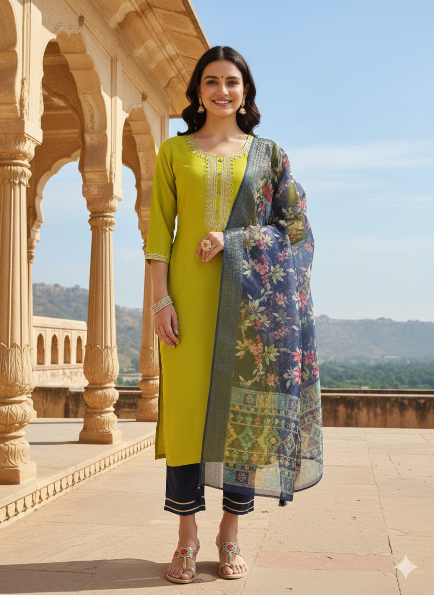 Lime chinon neck wok digital printed dupatta