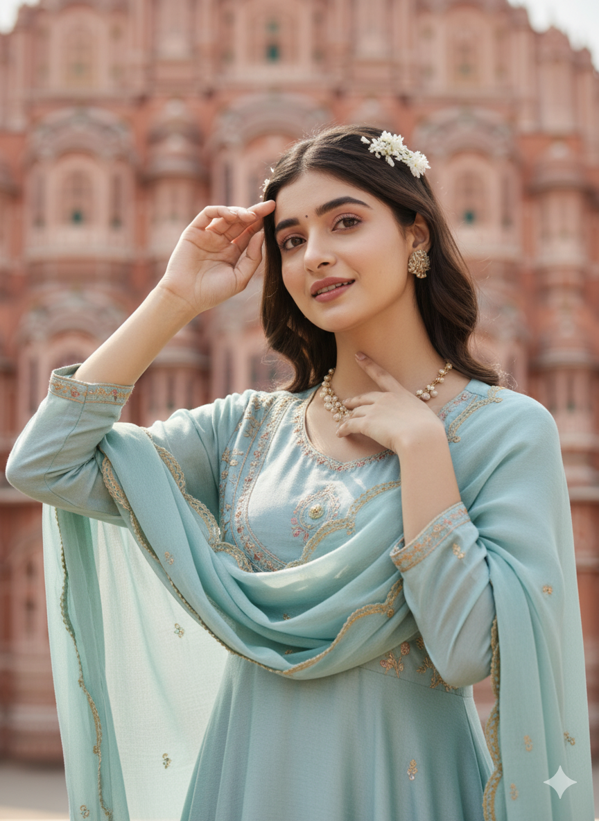 Sky Blue Embroidered Polyester Anarkali Pant with Dupatta Set for girls