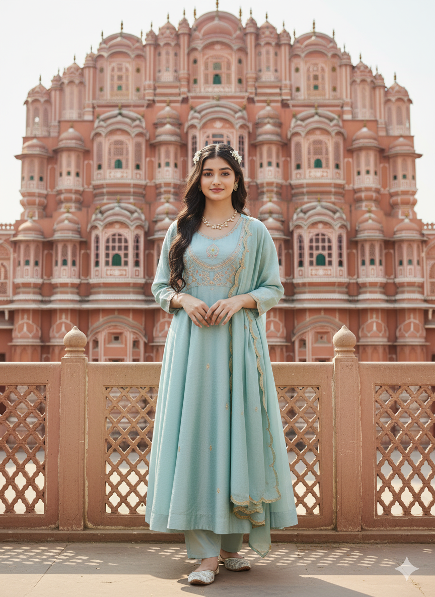 Sky Blue Embroidered Polyester Anarkali Pant with Dupatta Set for girls