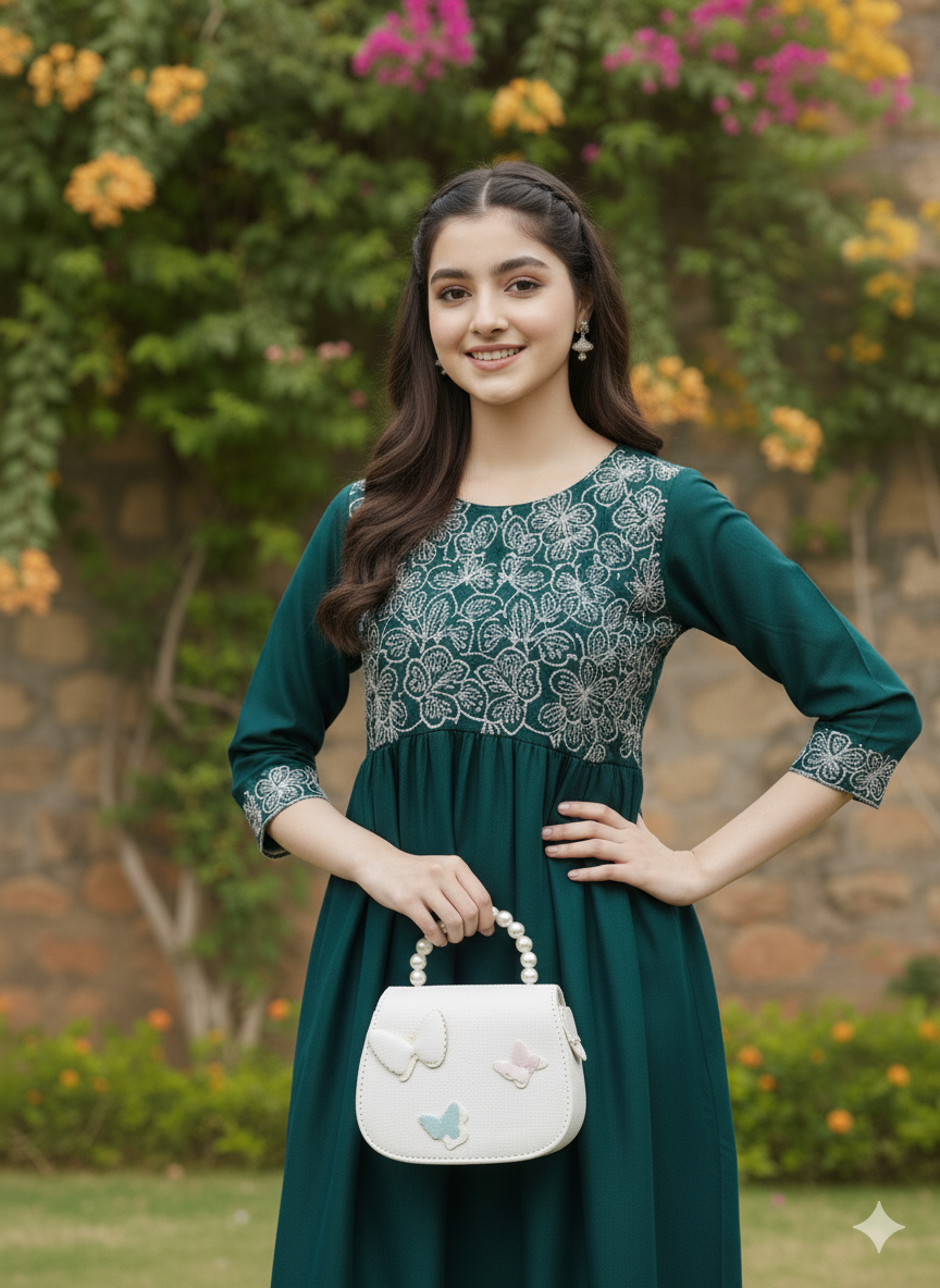 Girl's Bottol Green Chinon Embroidered Kurta plazzo set
