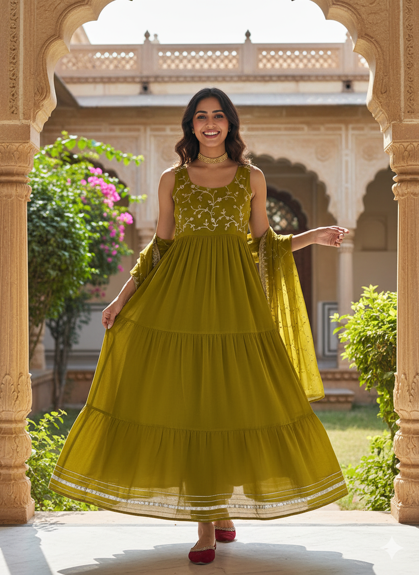 Green Embroidered Tiered Anarkali Kurta with Dupatta set