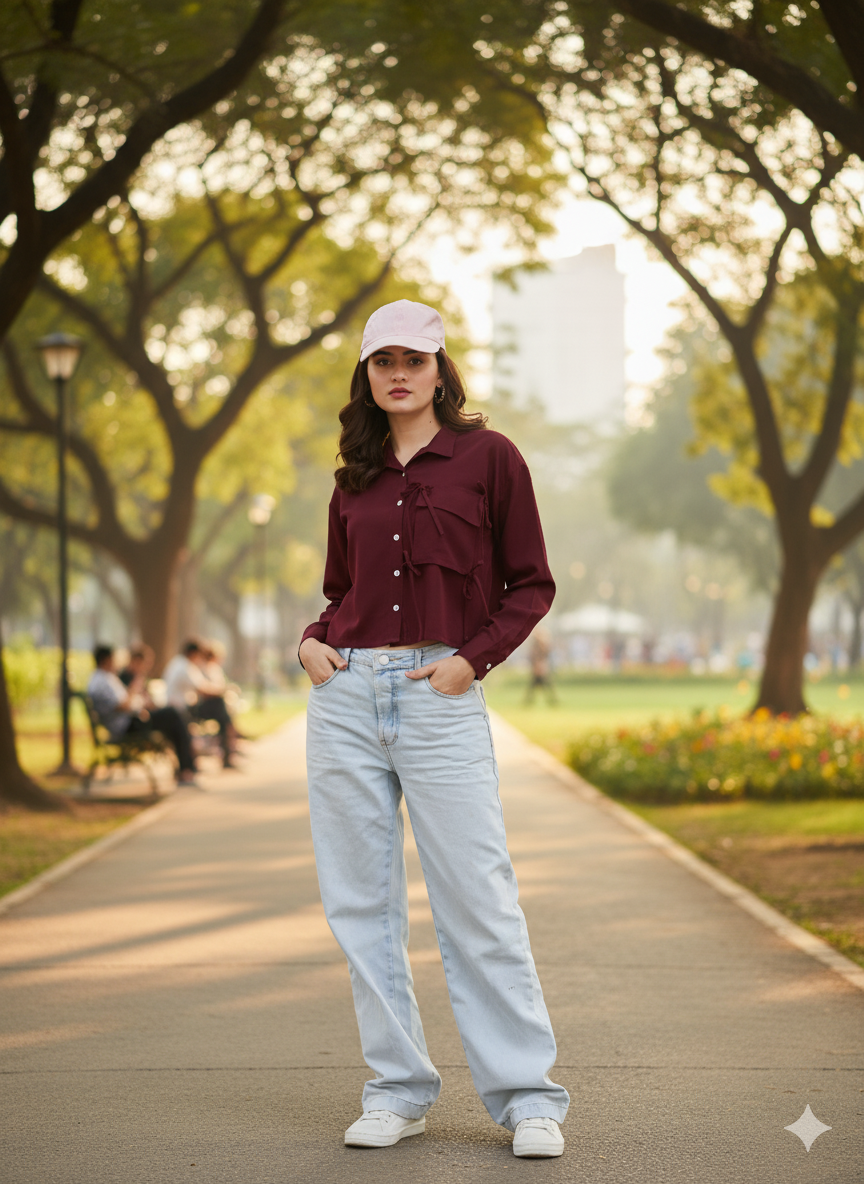 Maroon Glow Full Sleeve Crepe Shirt for Women