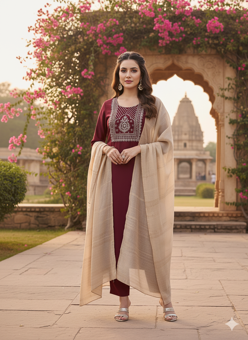 Maroon Embroidered Chinon Kurta with Dupatta Set
