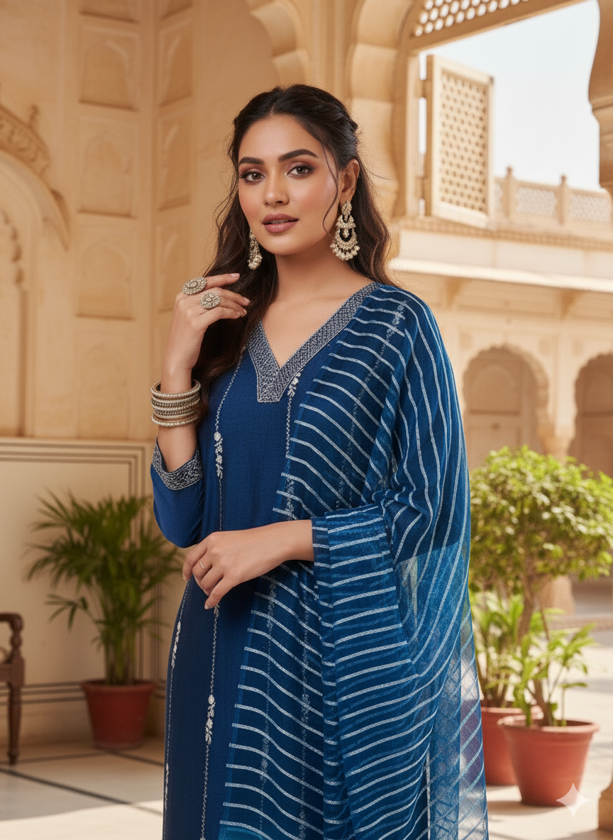 Teal Blue Embroidered Silk Kurta with Dupatta Set