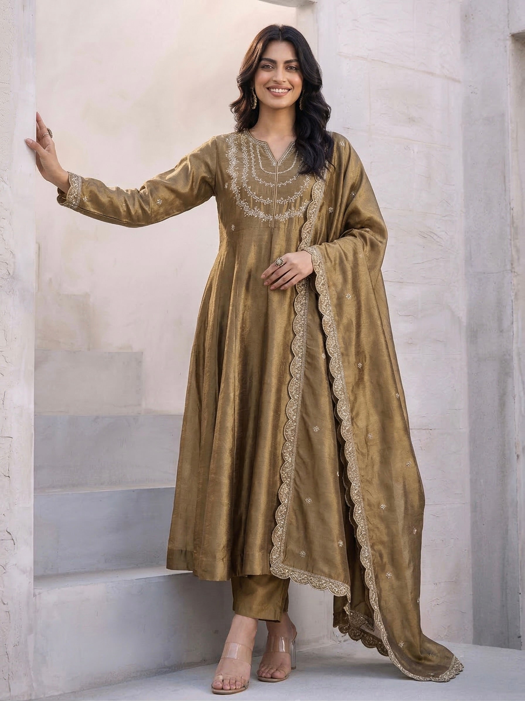 Gold Embroidered Silk Blend Anarkali Kurta With Dupatta Set