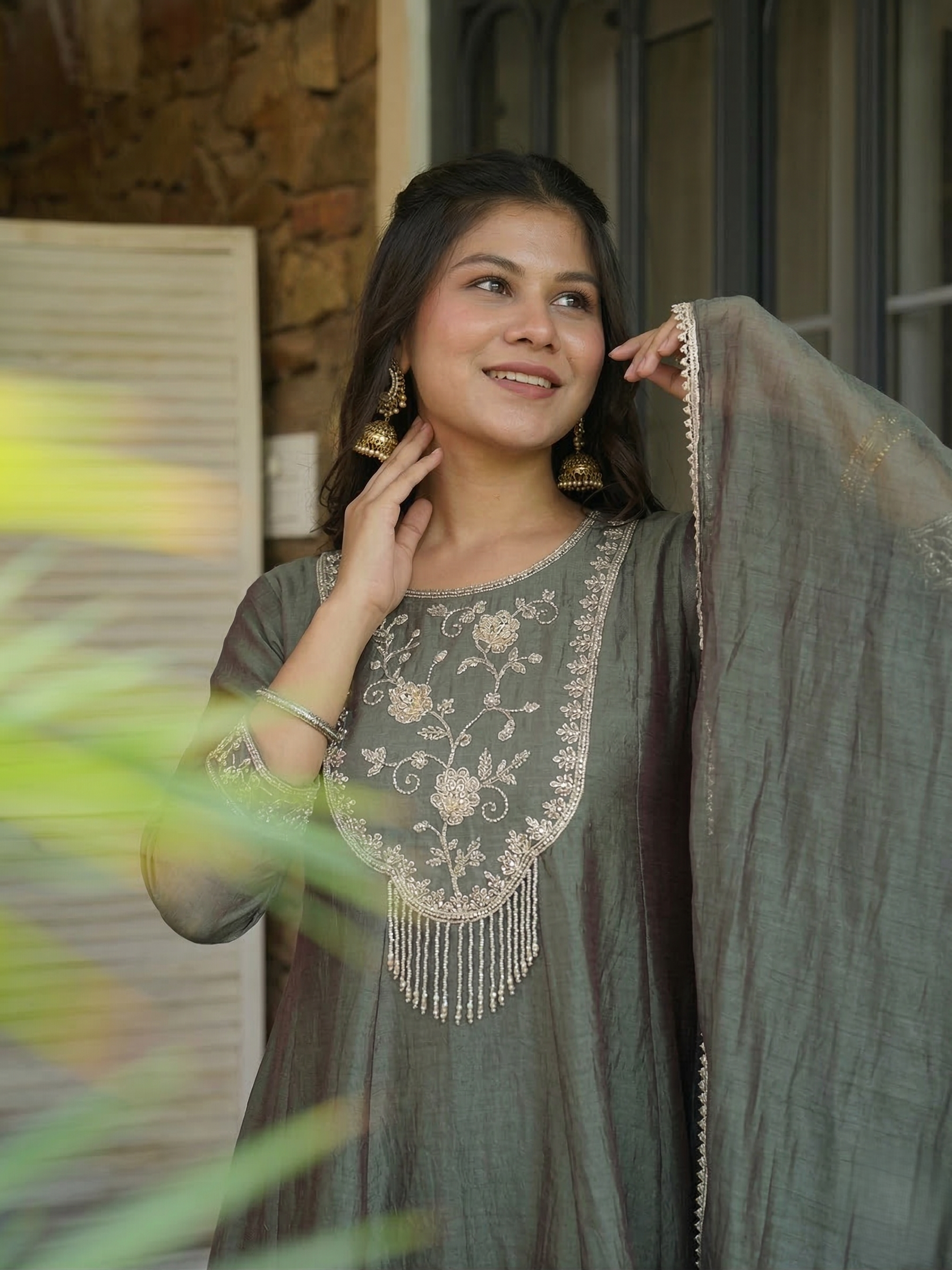 Green Silk Sharara Set with Embroidered Top & Dupatta