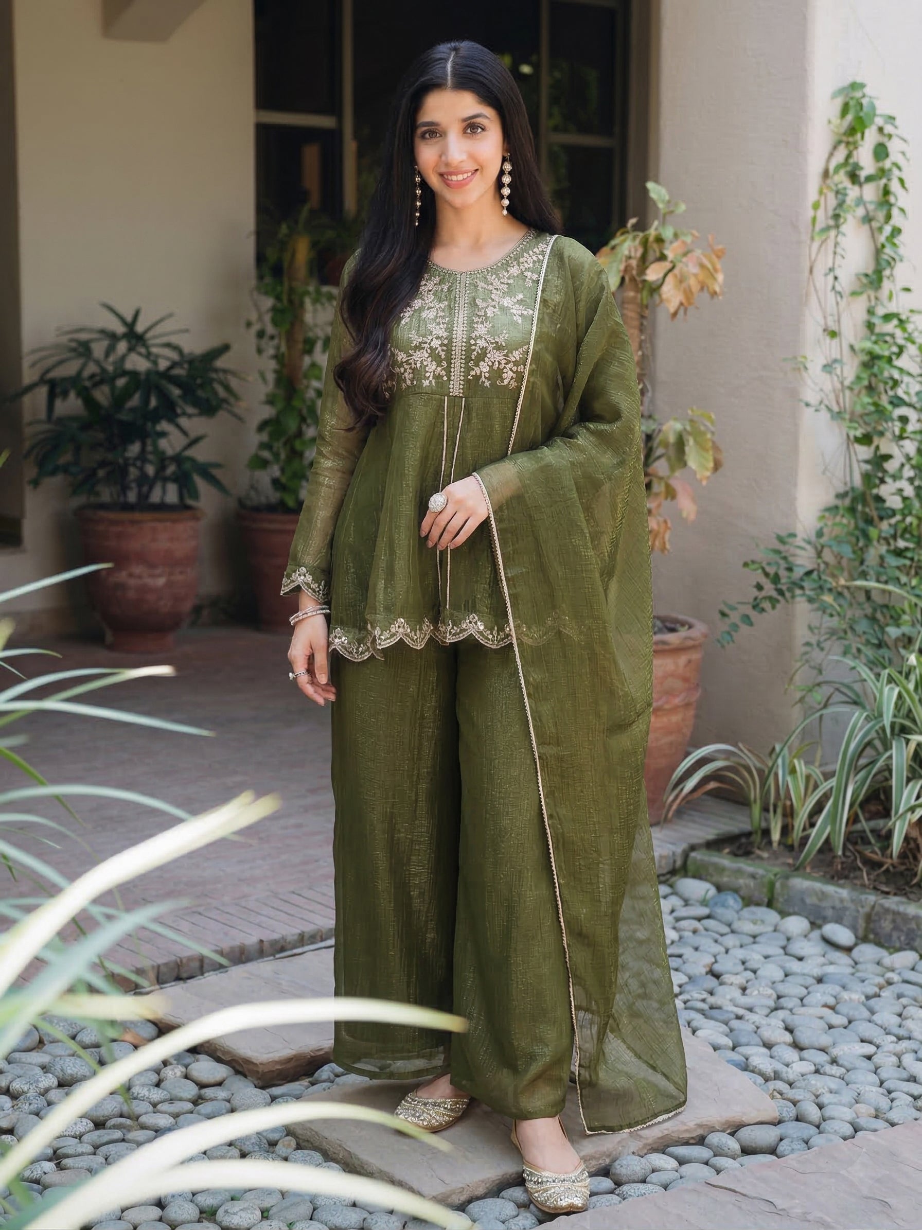 Green Silk Embroidered Top Sharara Set with Dupatta