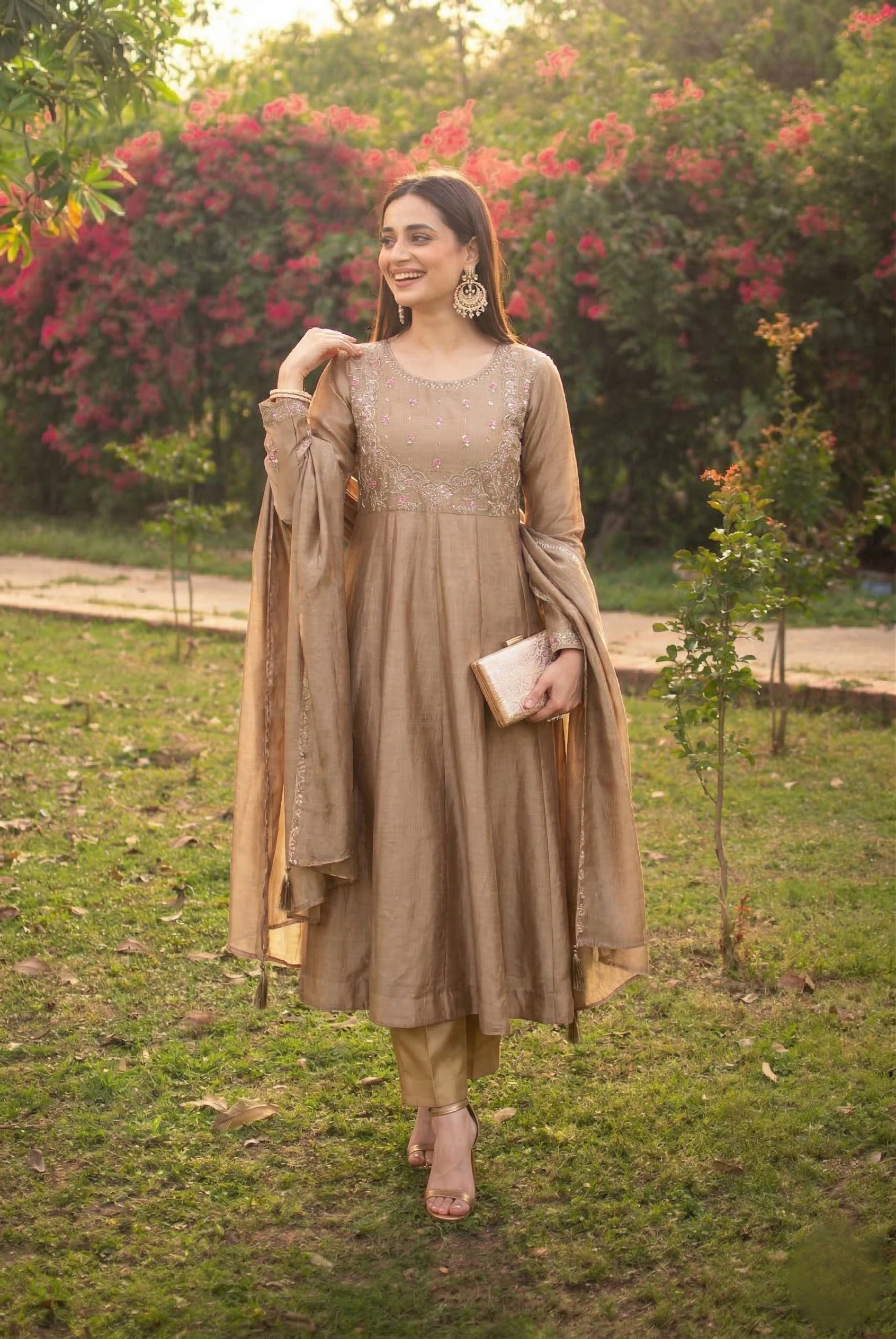 Grey Embroidered Silk Anarkali Kurta With Dupatta Set