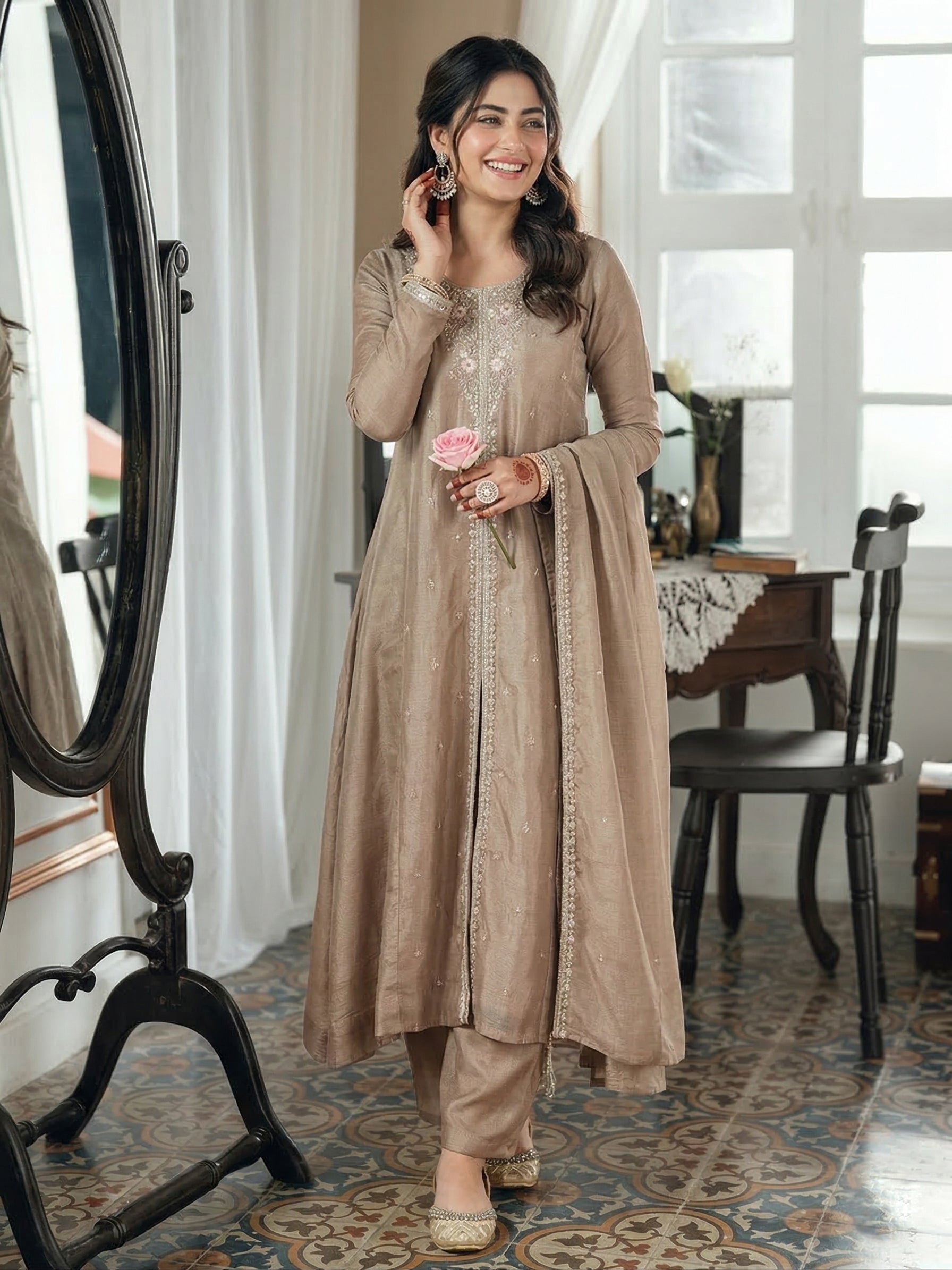 Grey Embroidered Silk Anarkali Kurta With Dupatta Set