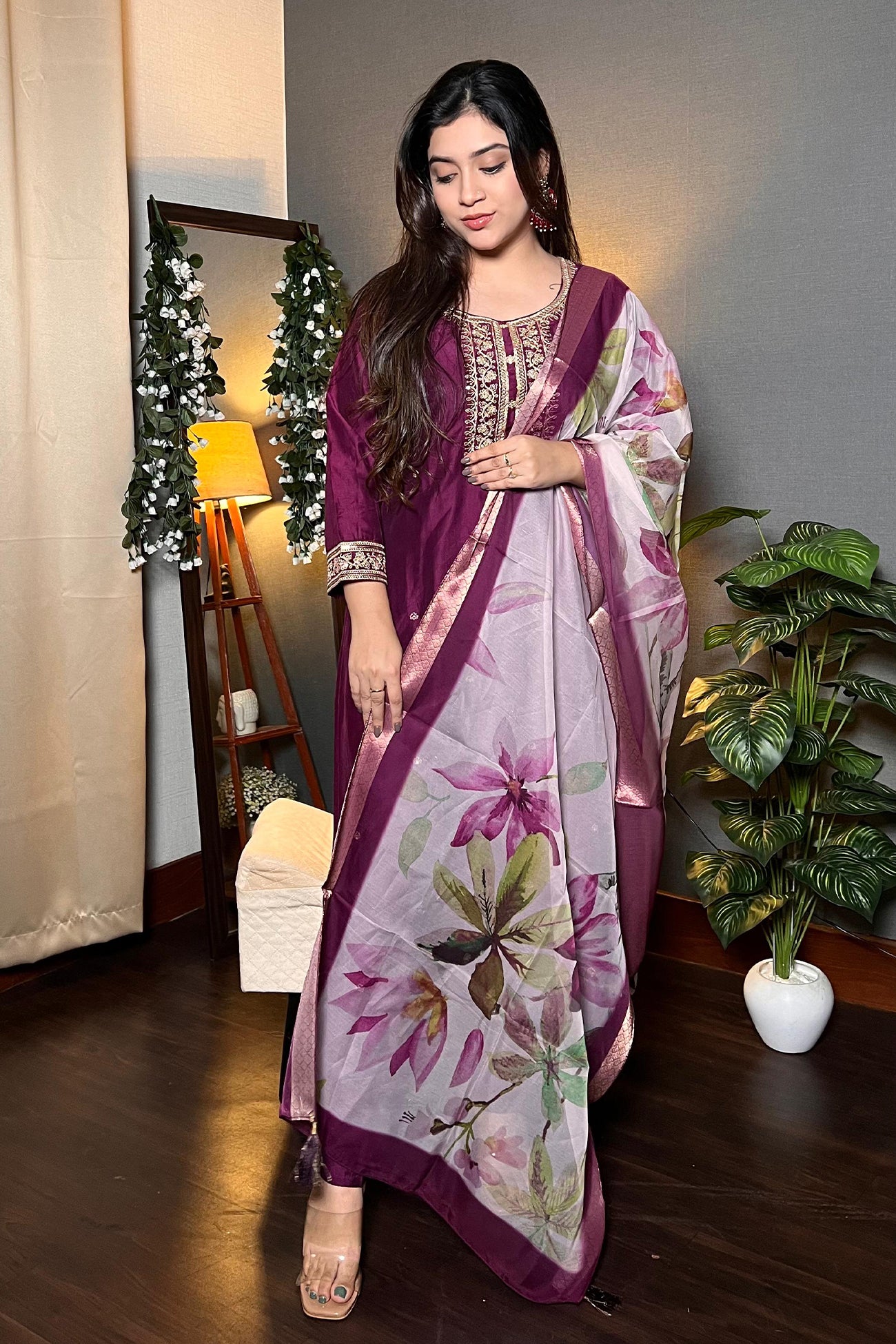 Wine Chinon Kurta Duppta Set with neck patch work