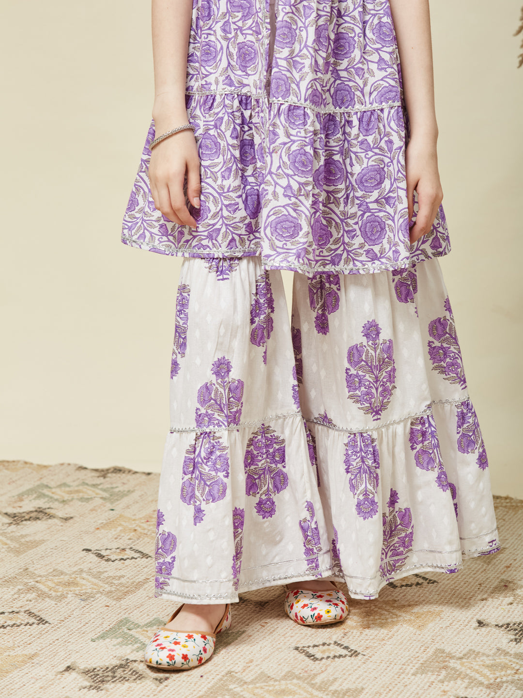 Girls Lavender Cotton Printed Kurta Sharara Set