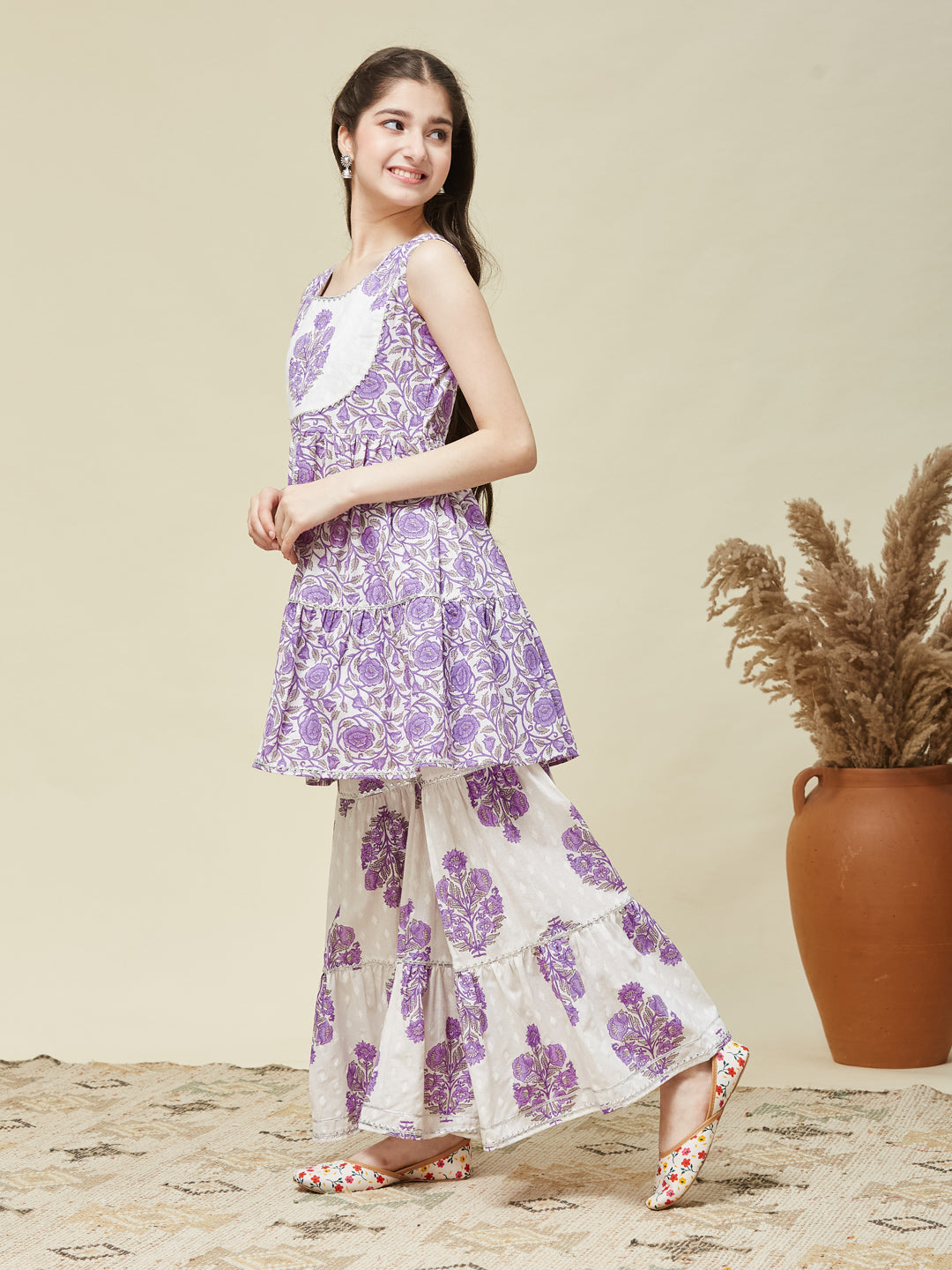 Girls Lavender Cotton Printed Kurta Sharara Set