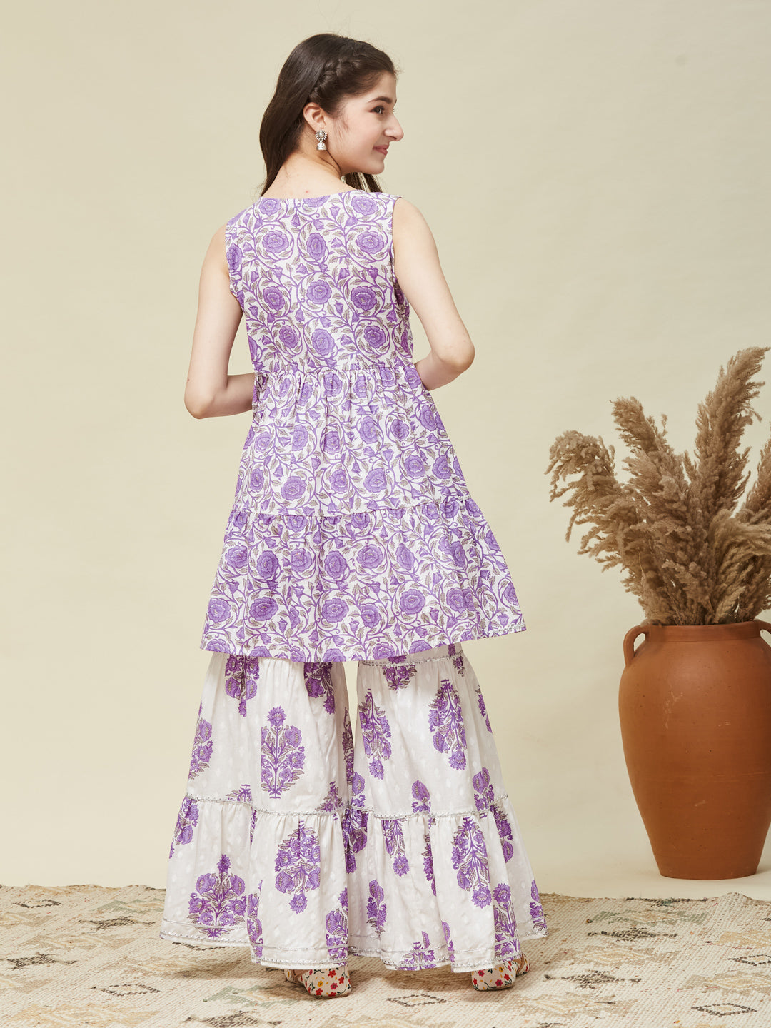 Girls Lavender Cotton Printed Kurta Sharara Set