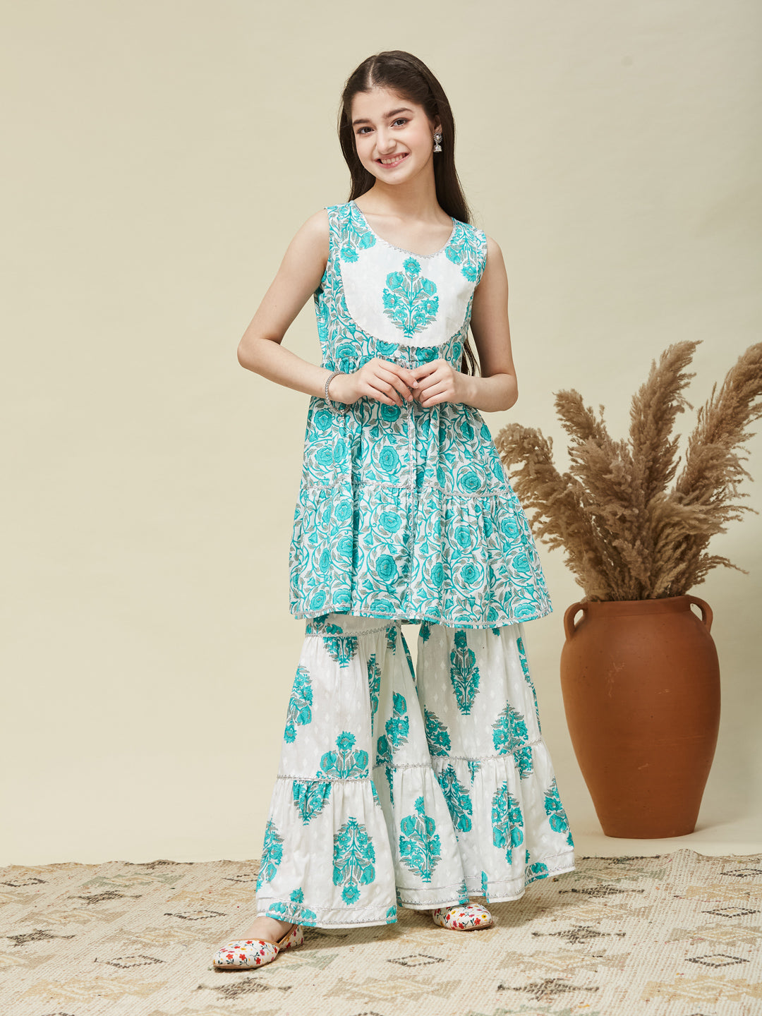 Girls Aqua Blue Cotton Printed Kurta Sharara Set