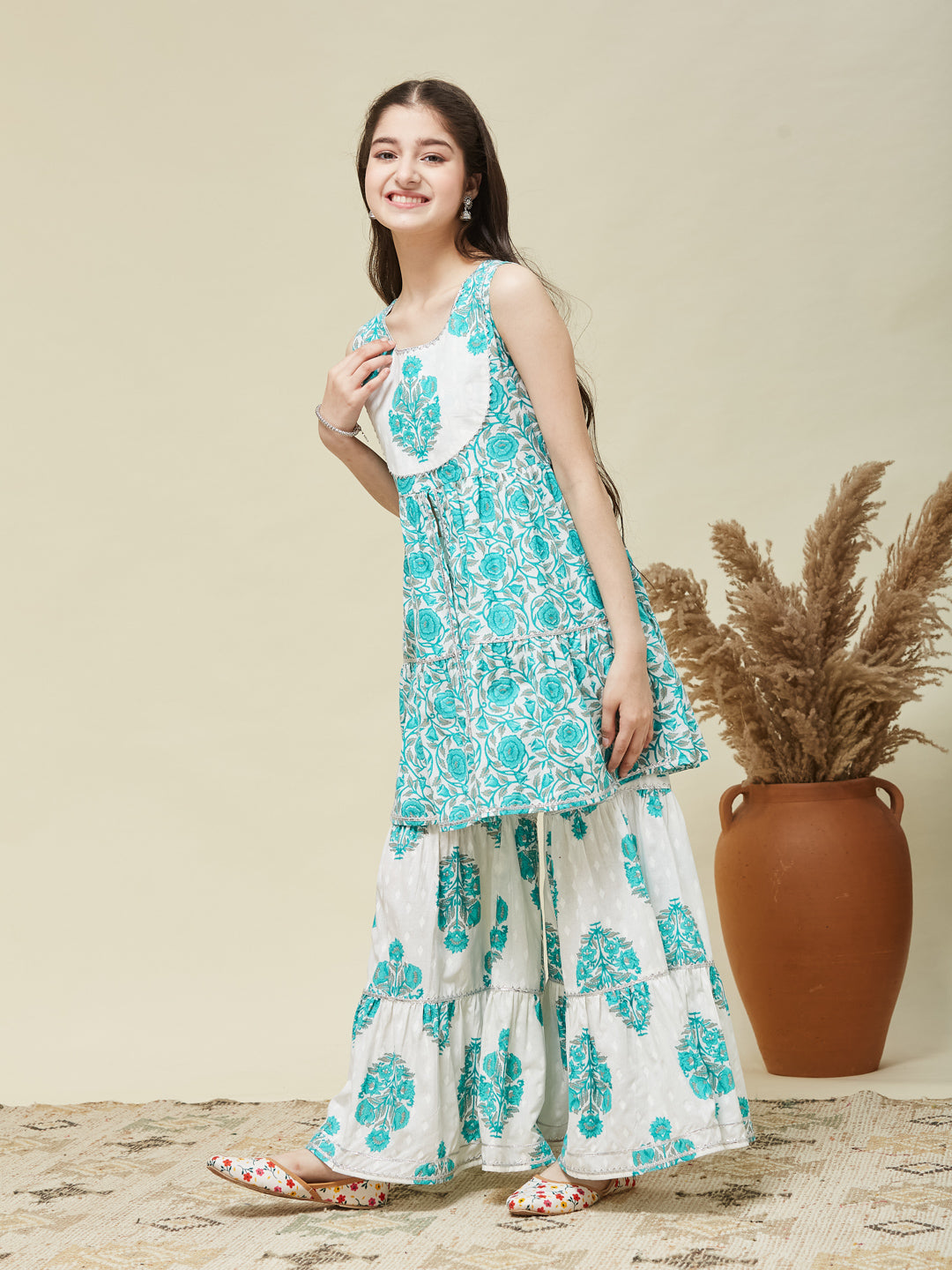 Girls Aqua Blue Cotton Printed Kurta Sharara Set