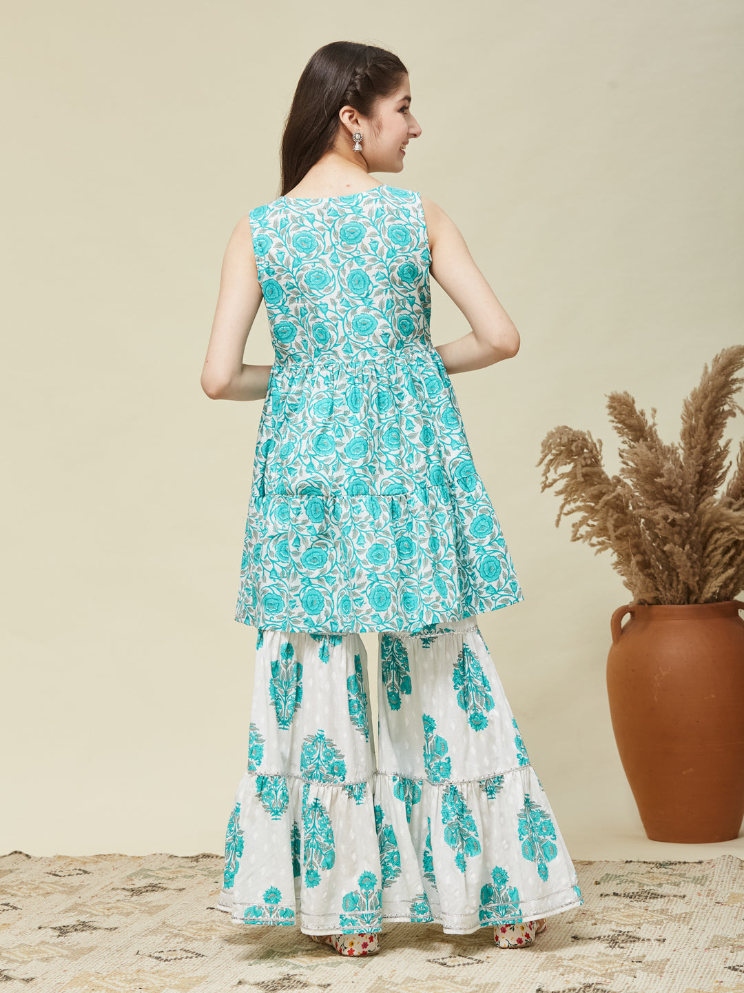 Girls Aqua Blue Cotton Printed Kurta Sharara Set