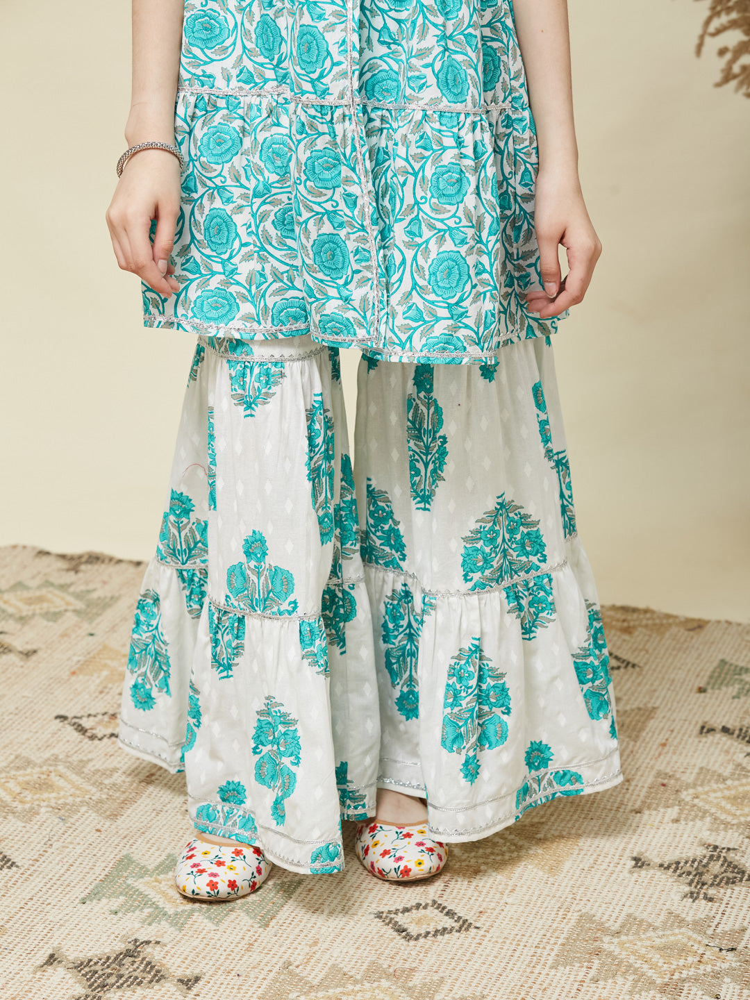 Girls Aqua Blue Cotton Printed Kurta Sharara Set