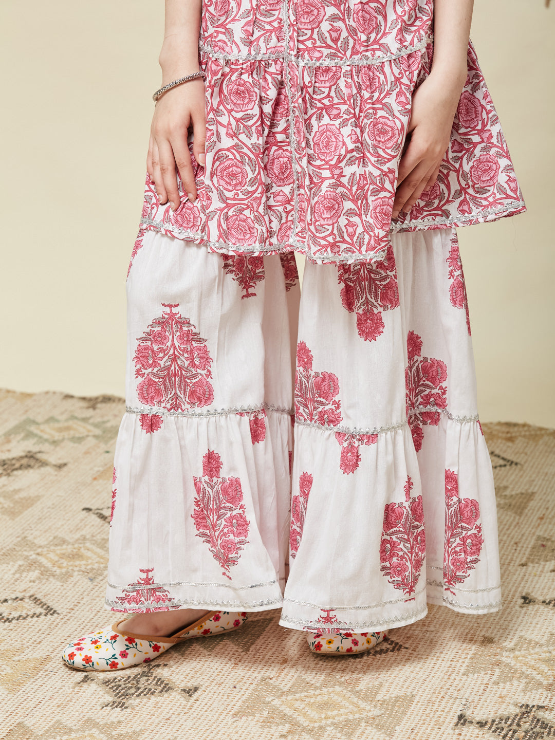 Girls Pink Cotton Printed Kurta Sharara Set