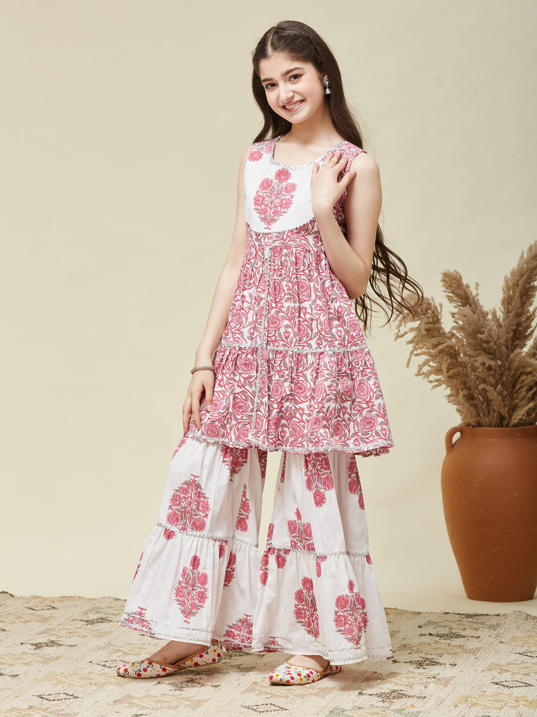 Girls Pink Cotton Printed Kurta Sharara Set