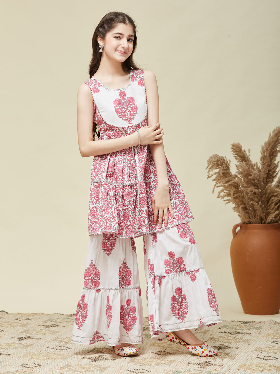 Girls Pink Cotton Printed Kurta Sharara Set