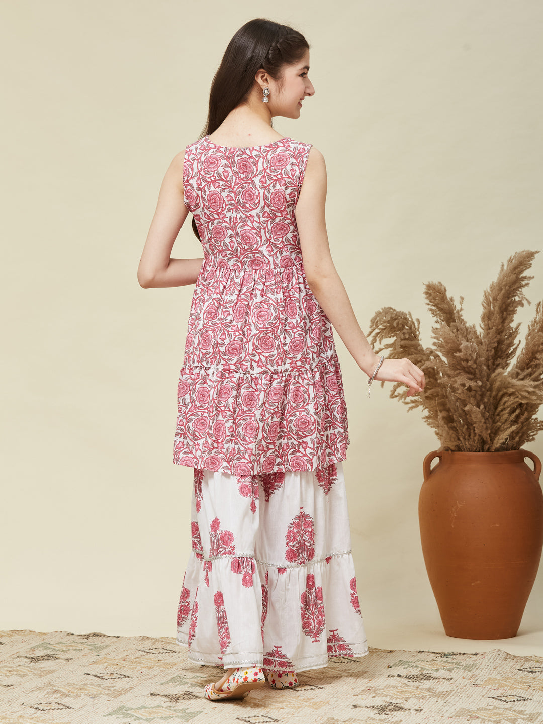 Girls Pink Cotton Printed Kurta Sharara Set